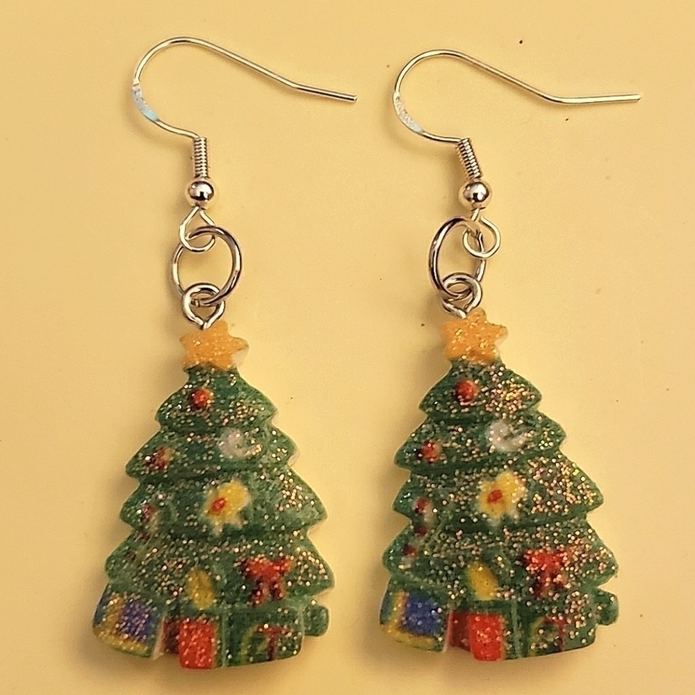 Handmade Vintage Style Green Glitter Christmas Tree Present Earrings